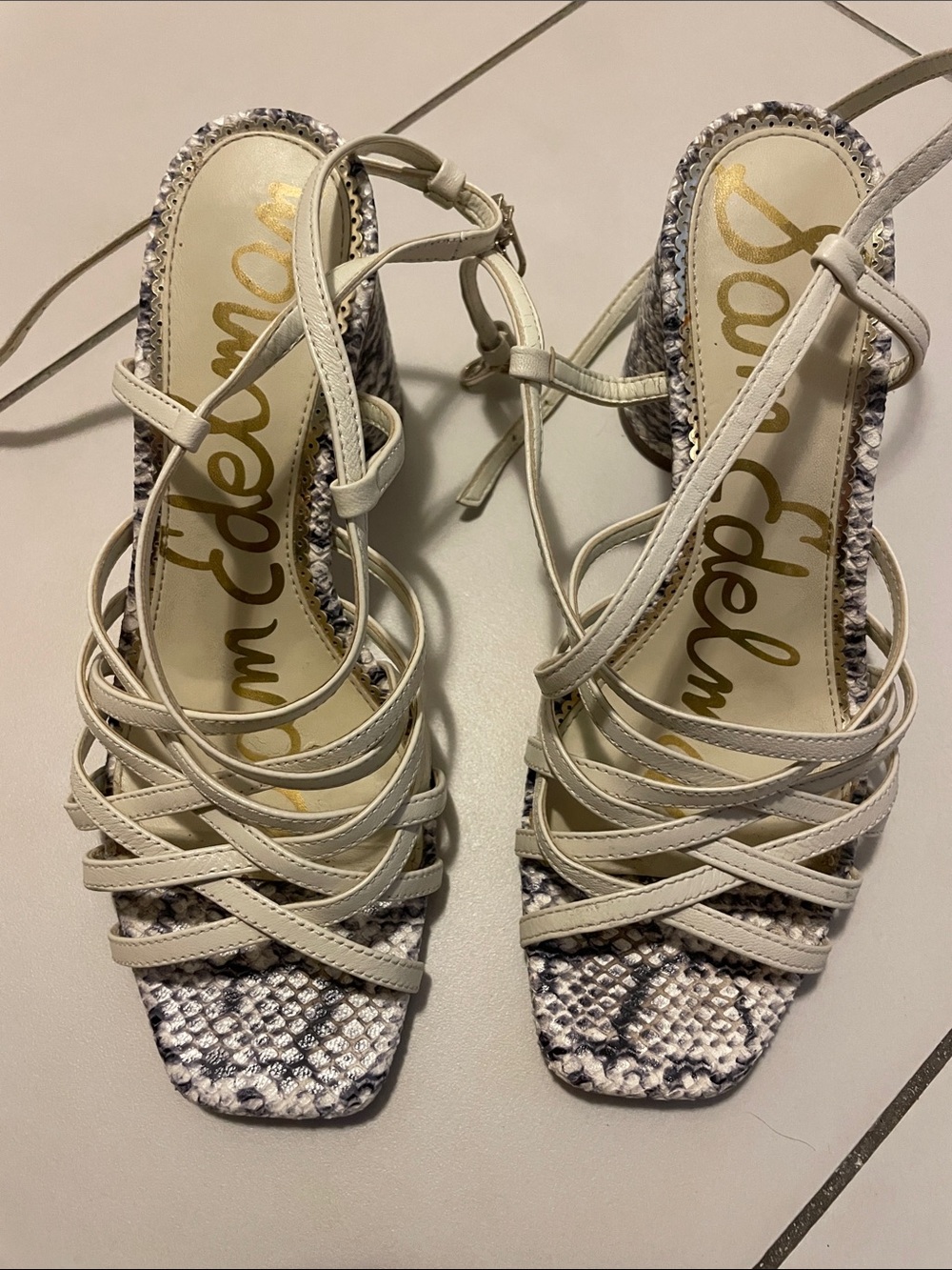 Sam Edelman Cream Strappy Snake-Print Heels